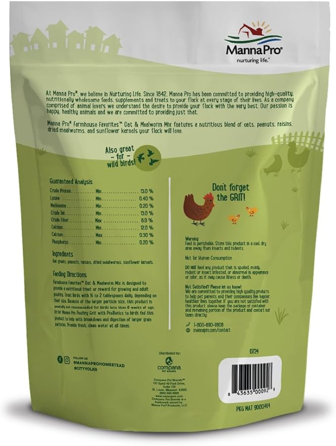 Manna Pro Farmhouse Favorites Oat & Mealworm Mix Poultry Treat – Natural Protein Source – Encouraging Poultry Treat – Mix of Oats, Peanuts, Raisins, Mealworms, Sunflower Kernels – 2lbs-VerdiqueGarden