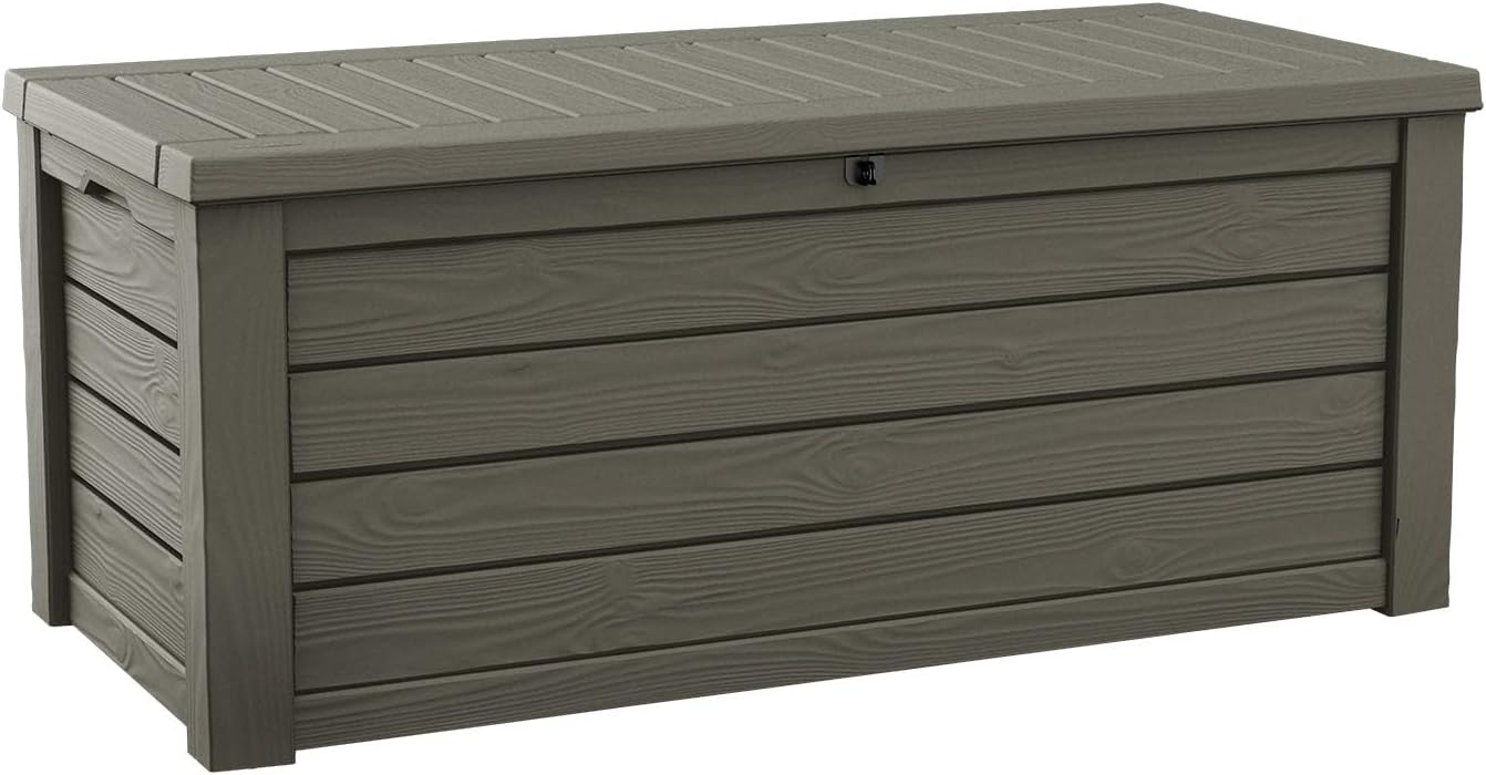 Keter Westwood 150 Gallon Resin Large Outdoor Storage Box for Patio Furniture, Outdoor Cushions, Garden Tools and Pool Floats, Mossy Brown-VerdiqueGarden