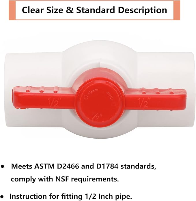 6Pcs 1/2" PVC Ball Valve Water Pipe Shut-off Valve Socket with Red T-Handle for Cold Water Supply lines, Irrigation Pipe fitting System(Socket x Socket), Schedule 40-VerdiqueGarden