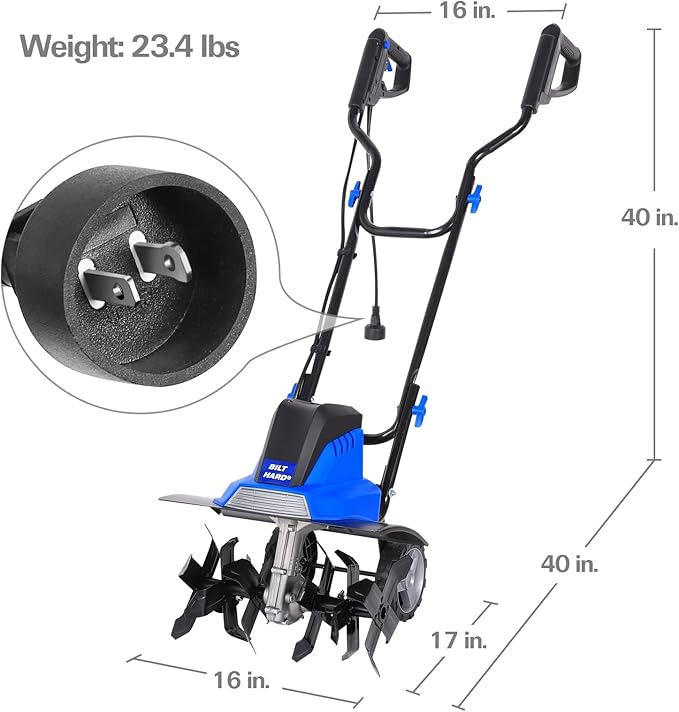 BILT HARD Tiller Cultivator 16 inch, 13.5 Amp 6 Steel Tines Tillers for Gardening Foldable, Electric Garden Rototiller with Adjustable Wheels-VerdiqueGarden