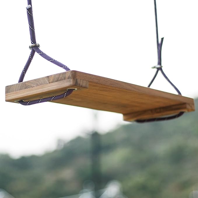 Teak Wood Swing 18.6"x7.6" - Outdoor Wooden Tree Swing Seat for Adults & Kids, Backyard Wood Swings with Height Adjustable Design-VerdiqueGarden