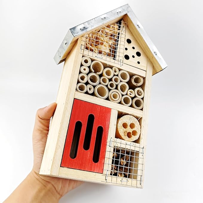 TIHOOD Natural Wooden Hanging Bee House for Gardens Natural Wooden Butterfly Hotel for Bee, Butterfly, Ladybirds, Habitat, Bee Hotel Garden-VerdiqueGarden