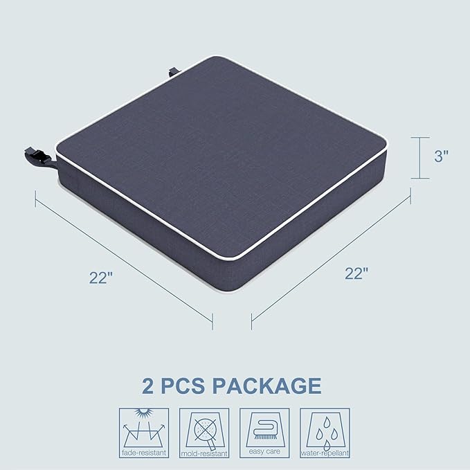 LVTXIII Patio Chair Cushions 22"x22"x3", Water-Repellent Outdoor Seat Cushions for Patio Furniture, Square Chair Pads with Ties for Home Garden Decoration, Set of 2, Textured Navy-VerdiqueGarden