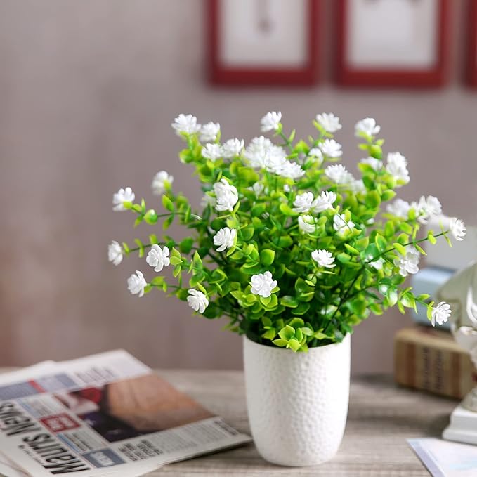 Artificial Plants Flowers Grass Shrubs 8 Pack No Fade Faux Plastic Flowers Outdoor for Vases Farmhouse Garden Porch Patio Office Indoor Wedding Decoration Greenery Fake Plants (2#White)-VerdiqueGarden