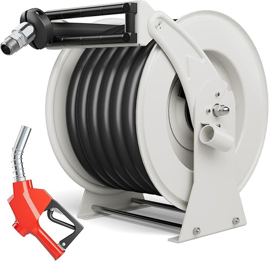 Diesel Fuel Hose Reel Retractable 1" x 50' with Fueling Nozzle Diesel Hose Reel 300 PSI Industrial Auto Swivel Heavy Duty Steel Construction for Farm Ship Vehicle Tank-VerdiqueGarden