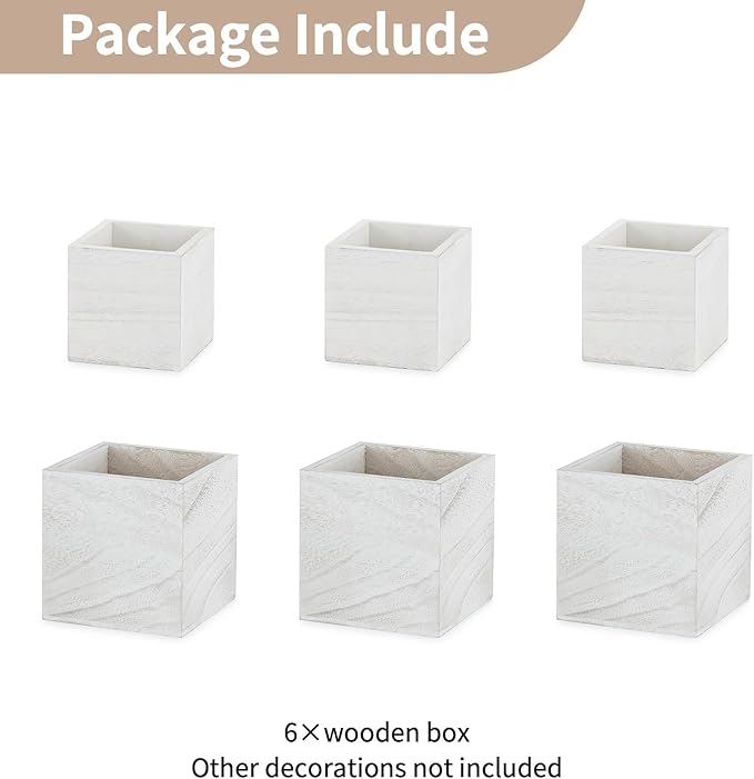 NUPTIO Wooden Box for Centerpiece Wedding: 6 Pcs Rustic Square Planter Box FarmhouseTable Fall Decor - 4×4" & 5×5" Whitewashed Small Wood Vases Flower Pots for Windowsill Home Garden-VerdiqueGarden