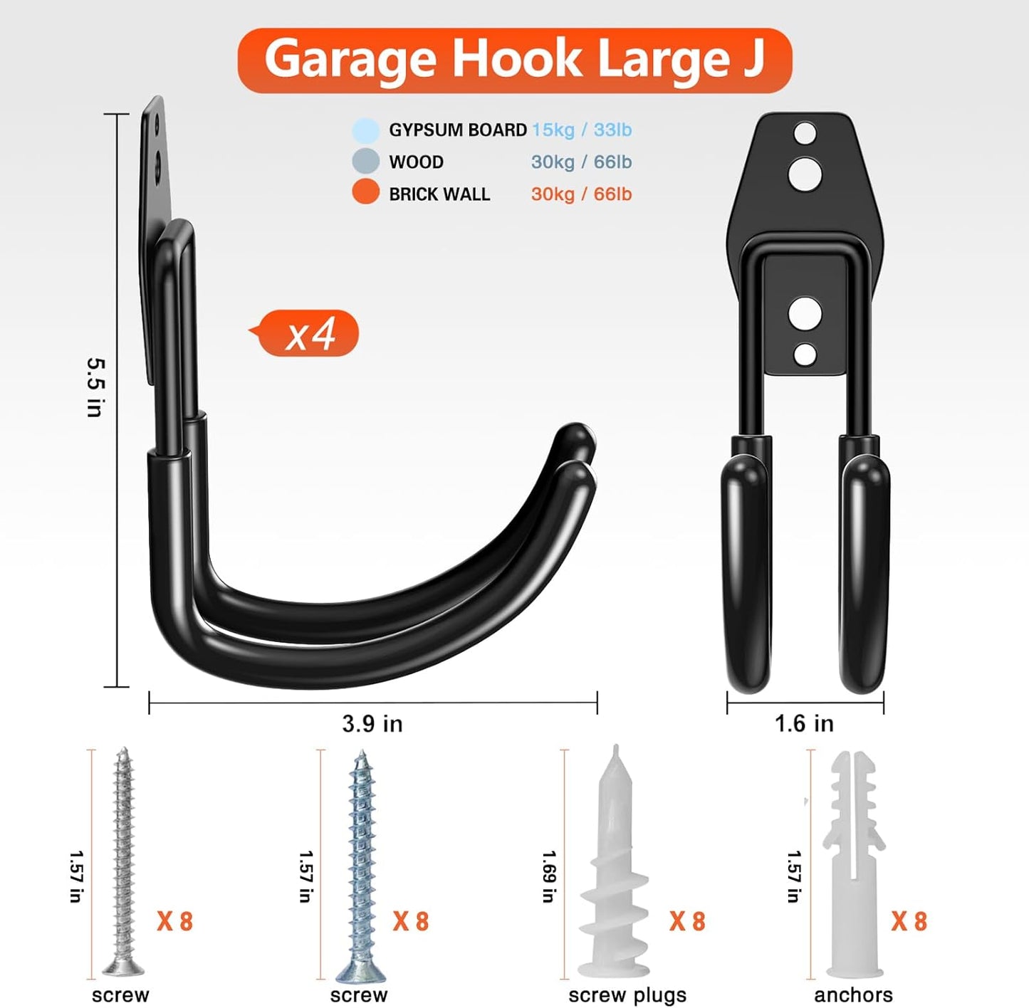 Heavy Duty Garage Hooks 4 Pack, J Shaped Hanger, Wall Mounted Storage System, Power and Garden Tool Organizer, for Hanging Ladders, Bikes Tires, Hose, Bulk Items-VerdiqueGarden