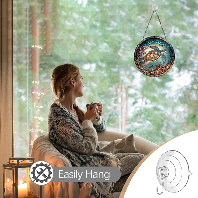 Sea Turtle Decor Suncatcher Stained Glass Window Hanging - Handmade Stained Glass Suncatchers Hangings with Hooks - Sea Art Glass Outdoor Garden Decor Gift for Women Him Valentines Day Birthday Gifts-VerdiqueGarden