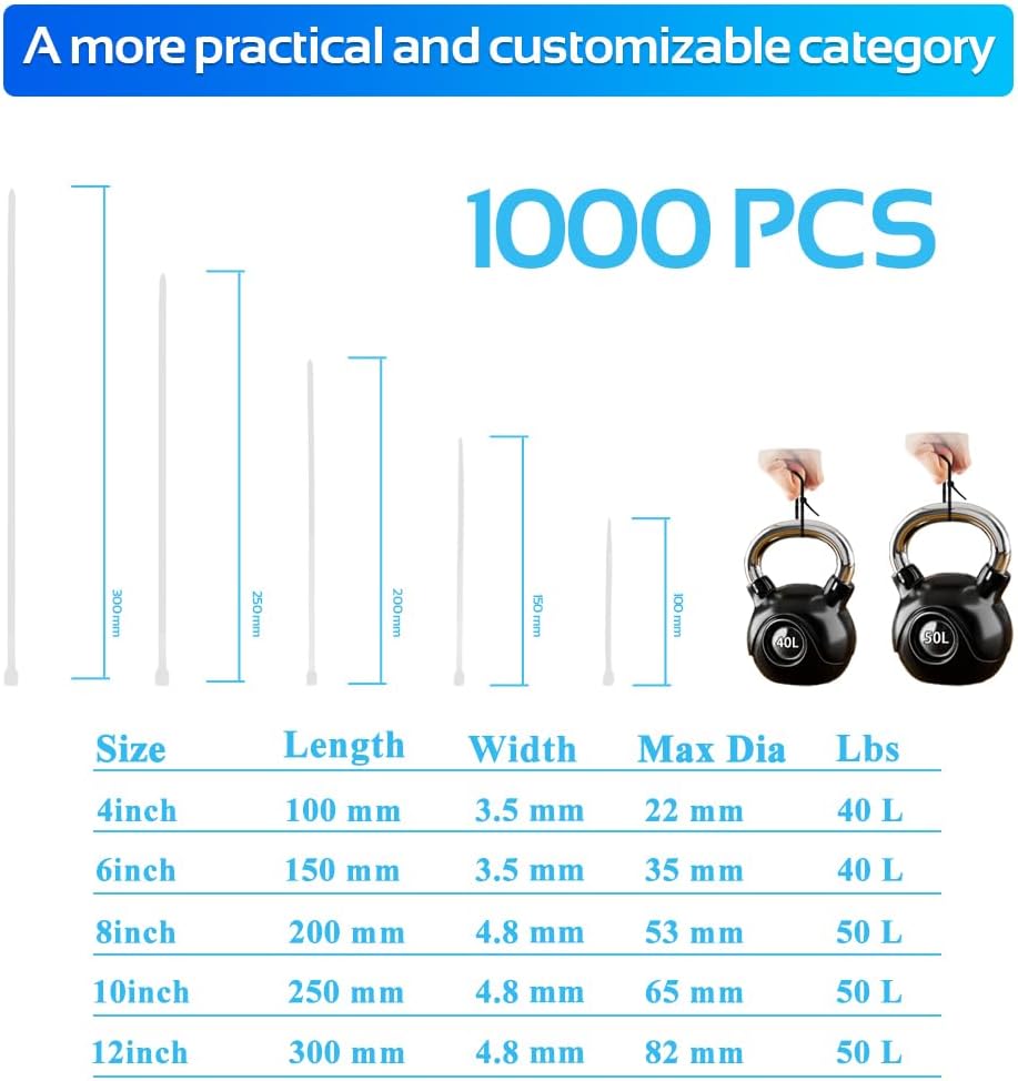 1000pcs 12Inch Nylon Zip Ties, 50 Pounds Tensile Strength,White Cable Tie,Industrial Grade,UV Resistant,Heavy Duty,for Home,Garden Trellis,Office,Garage and Workshop-VerdiqueGarden