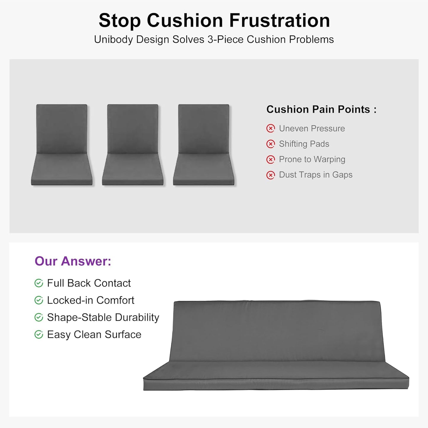 PURPLE LEAF Outdoor Patio Porch Swing Adjustable Backrest, 3-seat Swing Chair with Weather Resistant Steel Frame for Backyard Front Porch Lawn, Cushion and Pillows Included, Grey-VerdiqueGarden