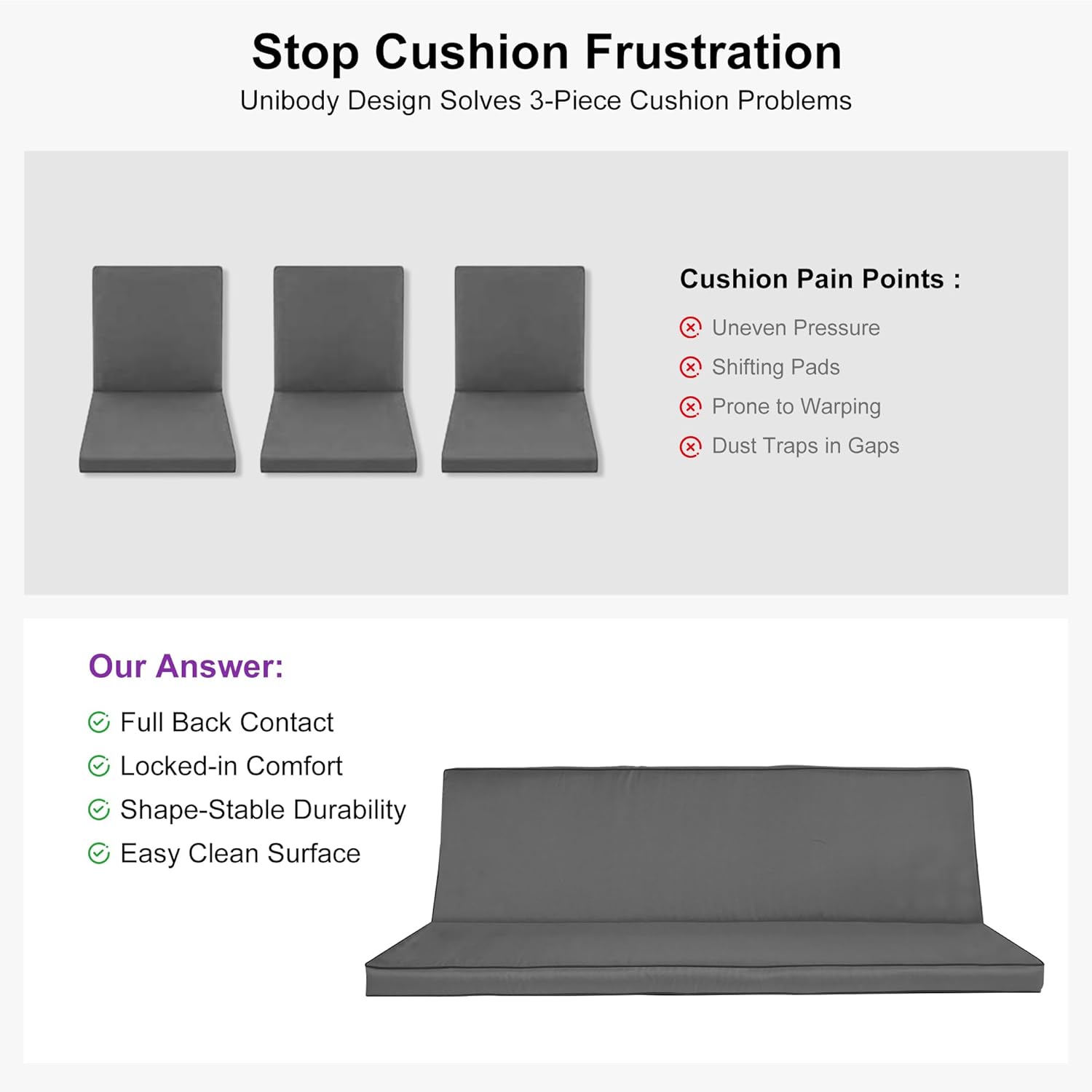 PURPLE LEAF Outdoor Patio Porch Swing Adjustable Backrest, 3-seat Swing Chair with Weather Resistant Steel Frame for Backyard Front Porch Lawn, Cushion and Pillows Included, Grey-VerdiqueGarden