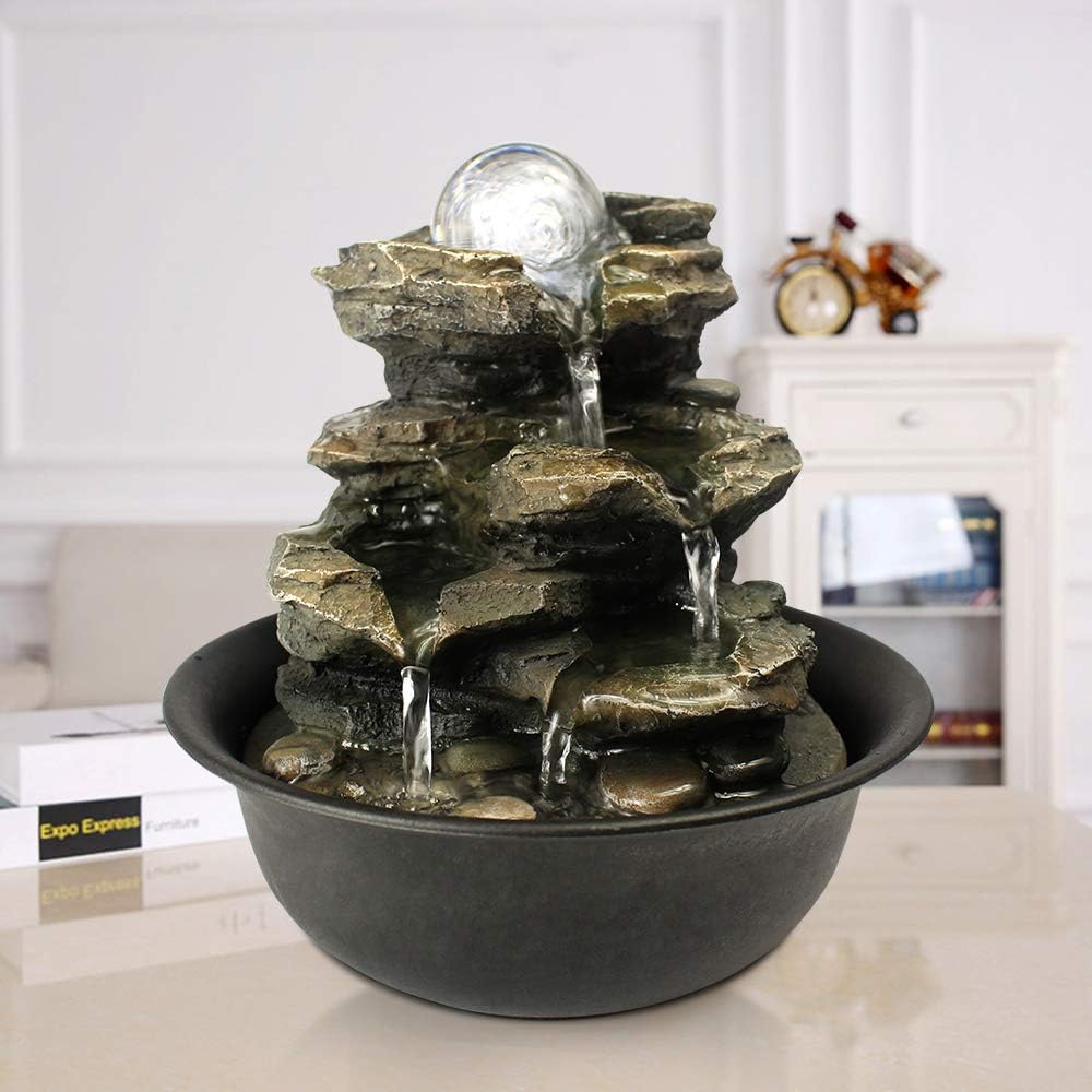 8.3" High 4-Tier Cascading Rock Falls Tabletop Water Fountain with LED Light & Spinning Ball - Indoor Small Waterfall Feature for Office, Home and Bedroom Desktop Decor Dark Grey-VerdiqueGarden