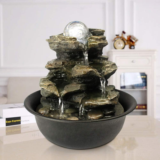 8.3" High 4-Tier Cascading Rock Falls Tabletop Water Fountain with LED Light & Spinning Ball - Indoor Small Waterfall Feature for Office, Home and Bedroom Desktop Decor Dark Grey-VerdiqueGarden