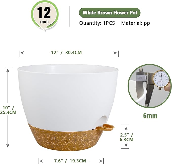 12 inch Large Self Watering Pots for Indoor Outdoor Plants, Plant Pots with Mesh Drainage Holes for Garden House Plants, Plastic Planters with Reservoir for Flower Plants, White with Brown-VerdiqueGarden