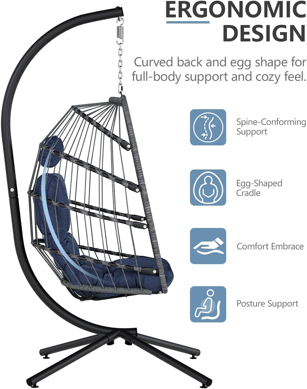 SWITTE Egg Chair Outdoor with Stand, Indoor Wicker Hanging Egg Swing Chair with Cushion, 350lbs Capacity for Patio, Bedroom, Garden - Dark Blue-VerdiqueGarden