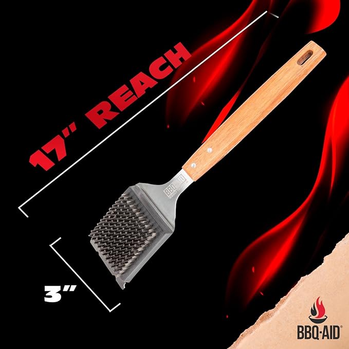 BBQ-Aid Grill Brush and Scraper for Barbecue – Grill Brush for Outdoor Grill with Extended, Large Wooden Handle and Replaceable Stainless Steel Bristles Head –No Scratch- BBQ Grill Brush for Any Grill-VerdiqueGarden