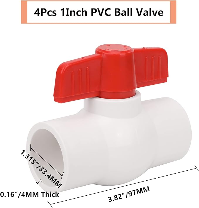 4Pcs 1" PVC Ball Valve Water Pipe Shut-off Valve Socket with Red T-Handle for Cold Water Supply lines, Irrigation Pipe fitting System(Socket x Socket), Schedule 40-VerdiqueGarden