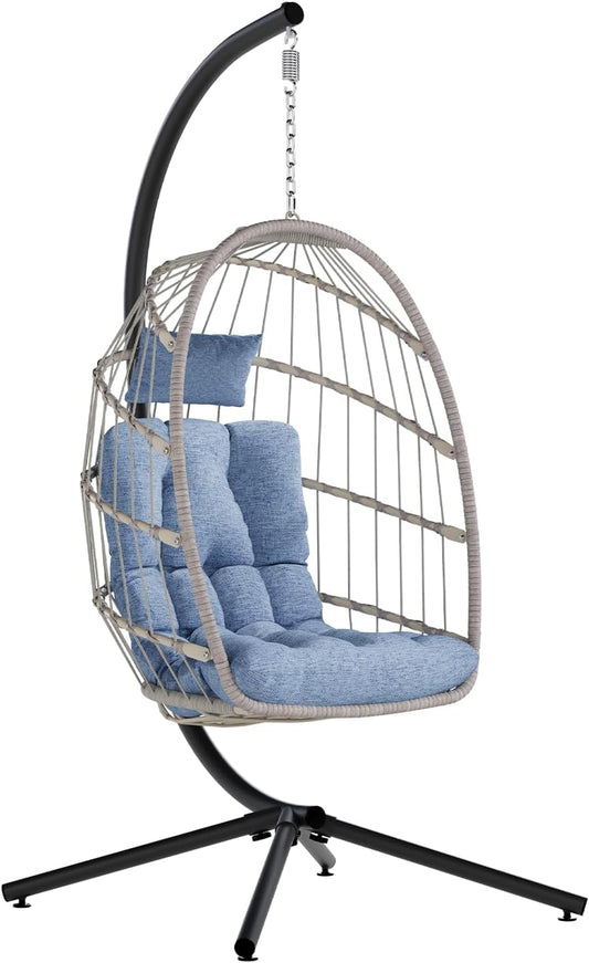 SWITTE Egg Chair Outdoor with Stand, Indoor Wicker Hanging Egg Swing Chair with Cushion, 350lbs Capacity for Patio, Bedroom, Garden - Light Blue-VerdiqueGarden