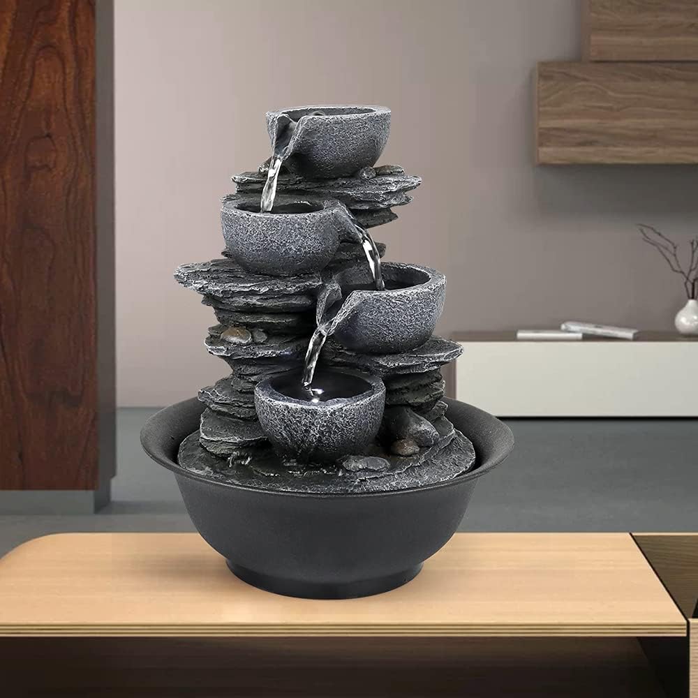 10.6” High Cascading Tabletop Fountain w/LED Light - 4-Tier Bowls Rock Water Fountains Indoor Small Relaxation Waterfall Feature for Home, Office and End Table Decoration (10.6" high, Gray)-VerdiqueGarden