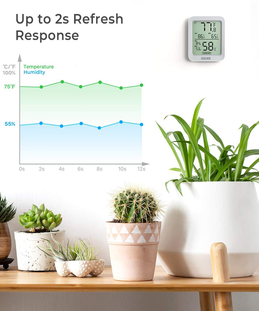 Govee Bluetooth Digital Hygrometer Indoor Thermometer, Room Humidity and Temperature Sensor Gauge with Remote App Monitoring, Large LCD Display, Notification Alerts, 2 Years Data Storage Export, Grey-VerdiqueGarden