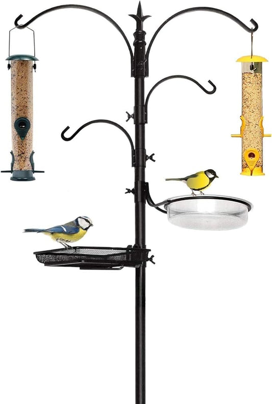 Premium Bird Feeding Station with 2 Bird Feeders Included for Outside - Multi Feeder Pole Stand Kit with 4 Hangers, Bird Bath and 5 Prong Base for Attracting Wild Birds - 22 Inch Wide x 91 Inch Tall-VerdiqueGarden