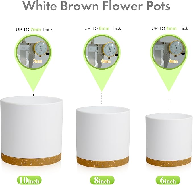 10/8/6 inch Deep Plant Pots, 3 Pack Cylindrical Large Flower Pots for Outdoor Indoor Plants, Tall Plastic Planters with Drainage Holes and Saucers for Garden House Plants, White with Brown-VerdiqueGarden