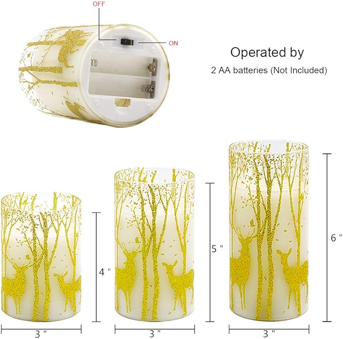 Christmas Deer Flameless Candles with Remote Timer, Glass Battery Operated Pillar Candles with Gold Elk Decor, LED Flickering Candles with 3D Wick and Real Wax for Winter Christmas Home Decor-VerdiqueGarden