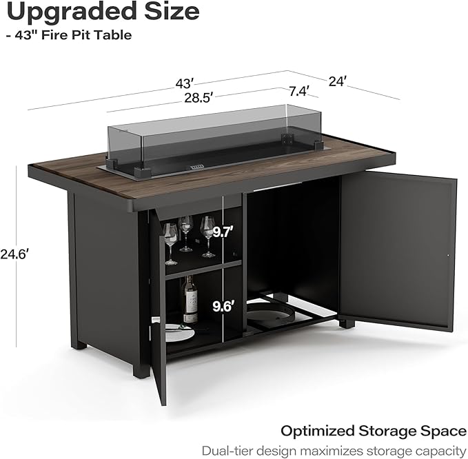 LAUSAINT HOME Propane Fire Pit Table 43 Inch with Lid, 55,000 BTU Gas Fire Pits for Outside Patio with Glass Wind Guard, Gray Glass Beads-VerdiqueGarden