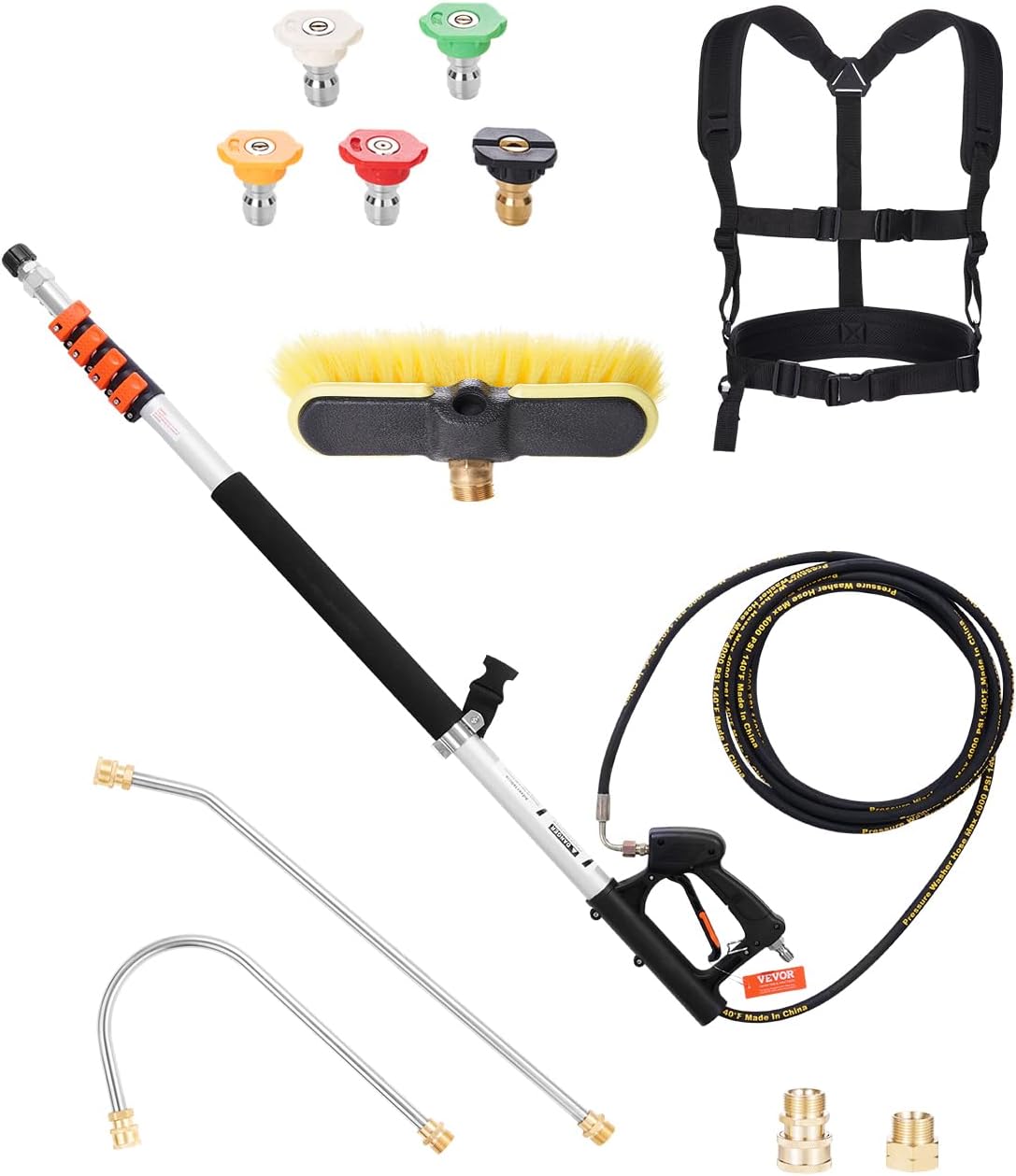 VEVOR Pressure Washer Telescoping Wand, 18 ft, 4000 psi, Telescopic Spray Wand with Power Washer Extension Wands, Gutter Cleaner, Brush Head, 5 Spray Nozzle Tips, Adapter and Adjustable Support Belt-VerdiqueGarden