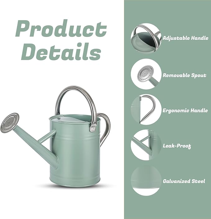 1 Gallon Watering Can for Plants, Watering Cans for Indoor&Outdoor Gardening, Galvanized Steel Watering Pot with Removable Spout, Metal Water Can with Ergonomic Movable Handle(Cream Green)-VerdiqueGarden