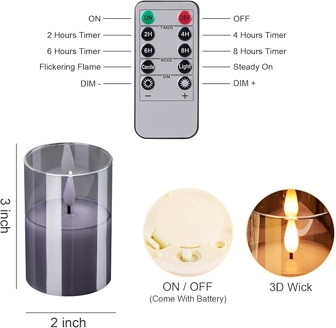 6Pack Glass Flickering Flameless Candles with Remote, 2"X3" Real Wax Votive Candles Battery Operated, Small Electric LED Candles for Wedding Home Decor, w/4 Timers+2 Lighting Modes [Gray]-VerdiqueGarden