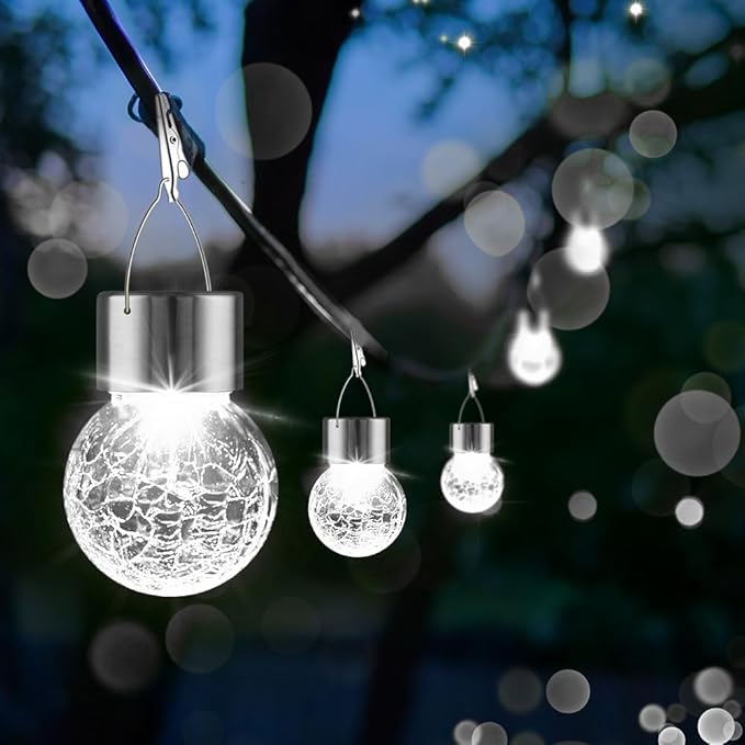 PARTPHONER 32 Pack Hanging Solar Lights Outdoor, Waterproof Solar Globe Lantern with Handle and Clip, Decorative Cracked Glass Ball Lights for Christmas Decor, Tree, Yard, Garden, Patio (Cold White)-VerdiqueGarden