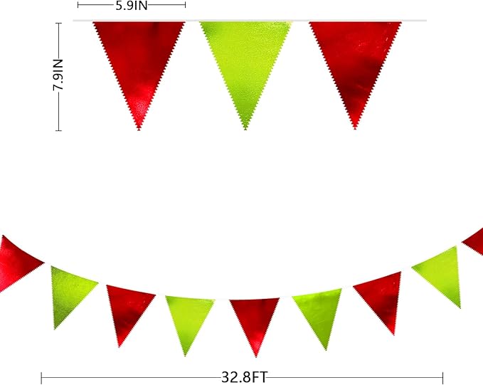 Red and Green Metallic Fabric Triangle Pennant Banner Flag Bunting Garland for Merry Grinchmas Birthday Baby Shower Bachelorette Xmas Holiday Christmas Holiday New Year Party Decorations Supplies-VerdiqueGarden