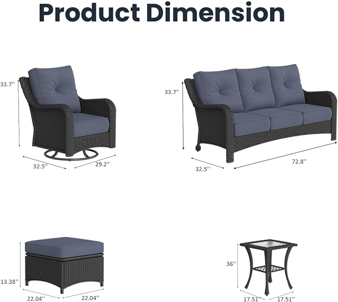 9 Pieces Outdoor Patio Furniture Sets with Rocking Swivel Chairs with 6-inch Thick Cushion and Side Table for Deck Lawn-VerdiqueGarden