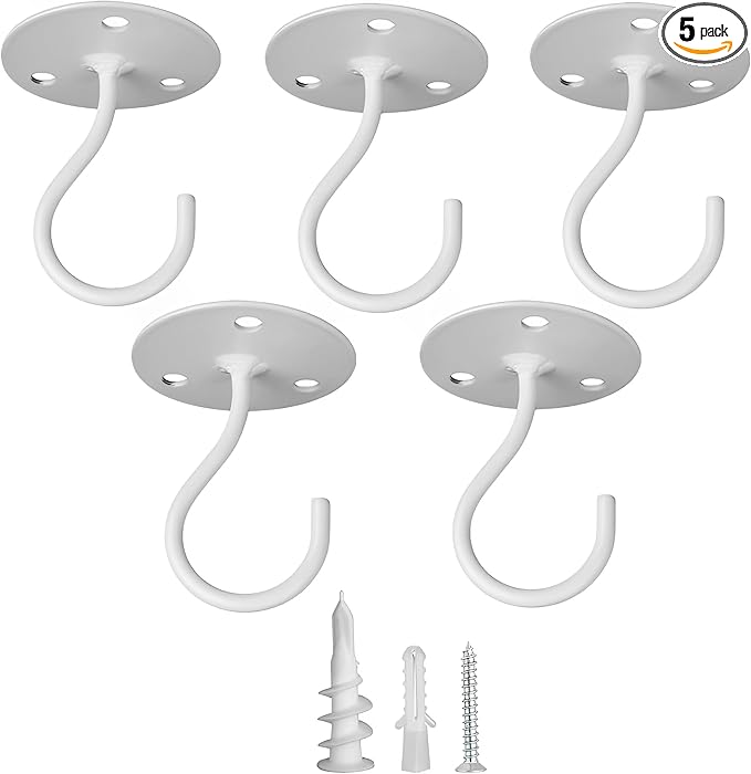 Ceiling Hooks for Hanging Plants- Metal Heavy Duty Wall Mounted Hangers for Hanging Bird Feeders, Planters, Wind Chimes, Include Professional Drywall Anchors (5 Pack) (Bright White)-VerdiqueGarden
