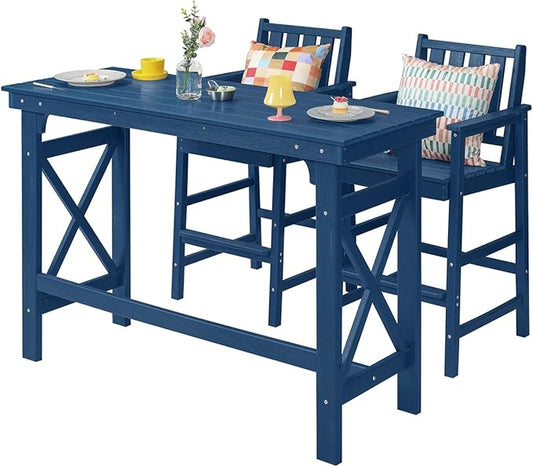3 Pieces HDPE Outdoor Patio Bar Set, Rectangular Outdoor Bar Height Table and Chairs Set, Adirondack Patio Bar Stools Set, Outdoor Bar Table and Chairs Set for Balcony, Poolside, Porch, Navy-VerdiqueGarden