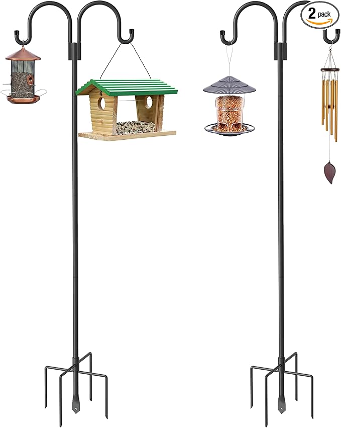 Highpro Double Shepherds Hooks for Outdoor, 2 Pack 79 Inch Heavy Duty Garden Pole for Hanging Bird Feeder, Bird Feeder Hook Plant Baskets,Garden Plant Hanger Stands with 5 Base Prongs-VerdiqueGarden