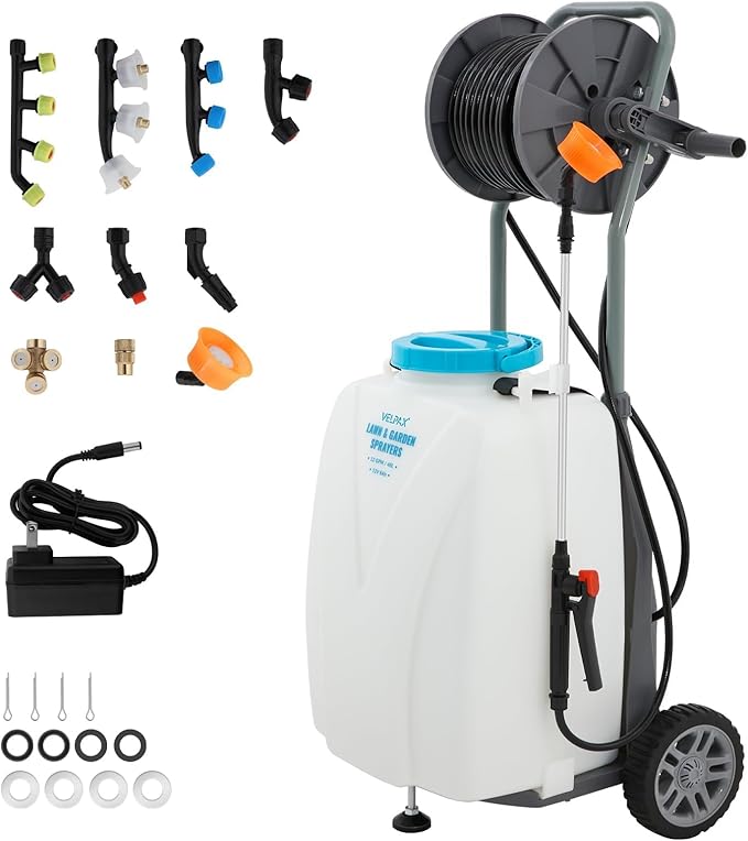 10.6 Gallon Battery Powered Sprayer with Double Professional Pump, Portable Sprayer with Wheels,0-94 PSI,12V 8Ah Battery,Adjustable HD Wand and 10 Nozzles for Weeding, Spraying, Cleaning-VerdiqueGarden