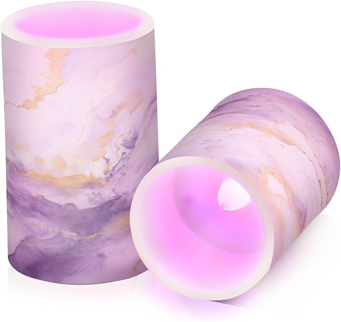 Flickering Flameless Candles, Purple Gold Marble LED Candles with Remote Timer, Set of 2 Battery Operated Candle for Valentine Wedding Birthday-VerdiqueGarden