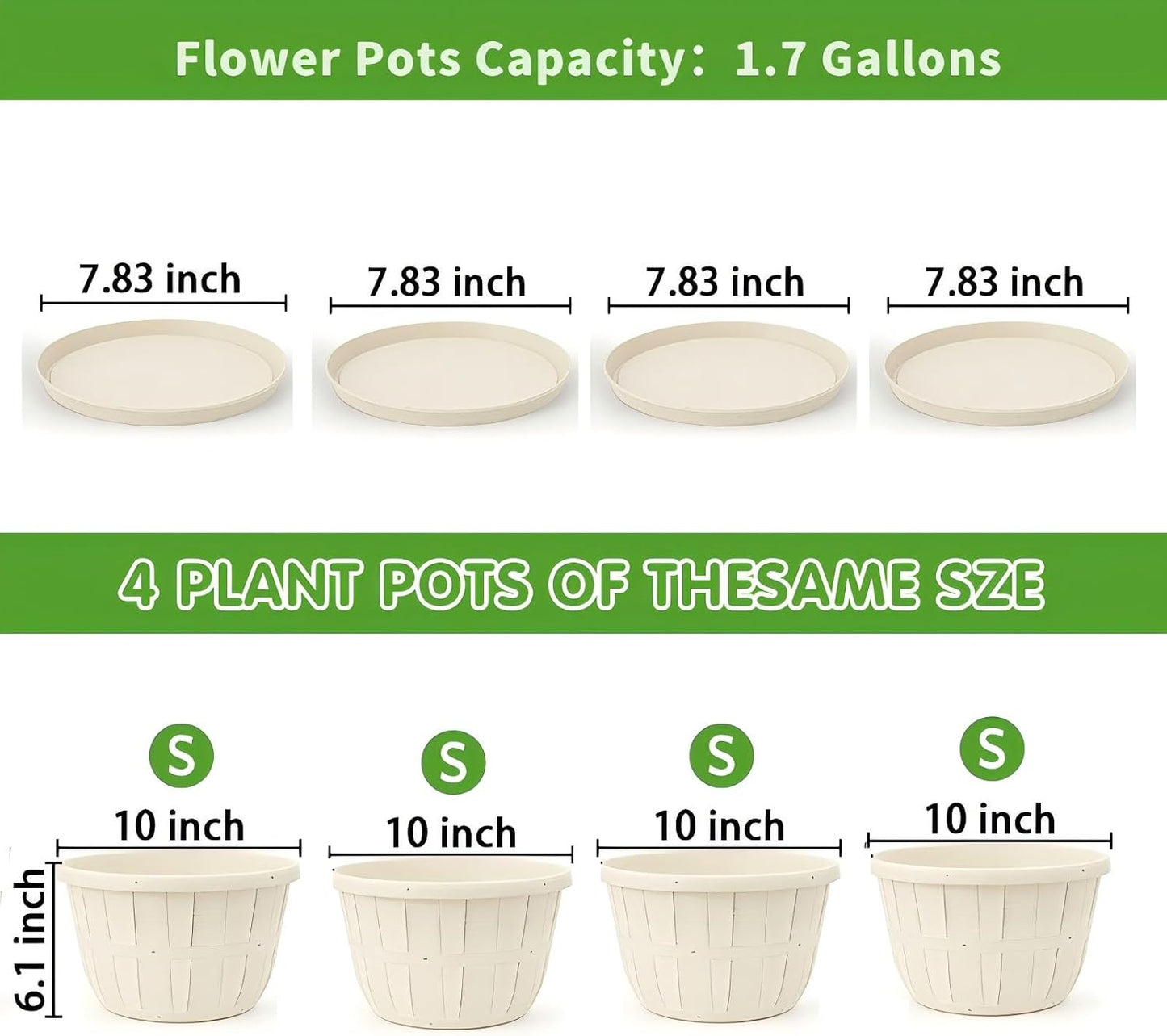 Quarut 10 inch Plastic Flower Pots for Indoor Plants，4 Pack Large Outdoor Planter Pot with Drainage Holes & Saucers，Imitation Wine Barrel Design，for Indoor Outdoor Garden Plants（White）-VerdiqueGarden