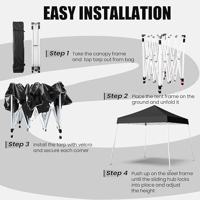 10x10 Pop Up Canopy, 300D Silver Coated Black Fabric Outdoor Gazebo, Beach Tent Slant Legs with Storage Bag,Easy Up Sun Shade Shelter Tents with 8x8 Top Cover for Patio,Party-VerdiqueGarden