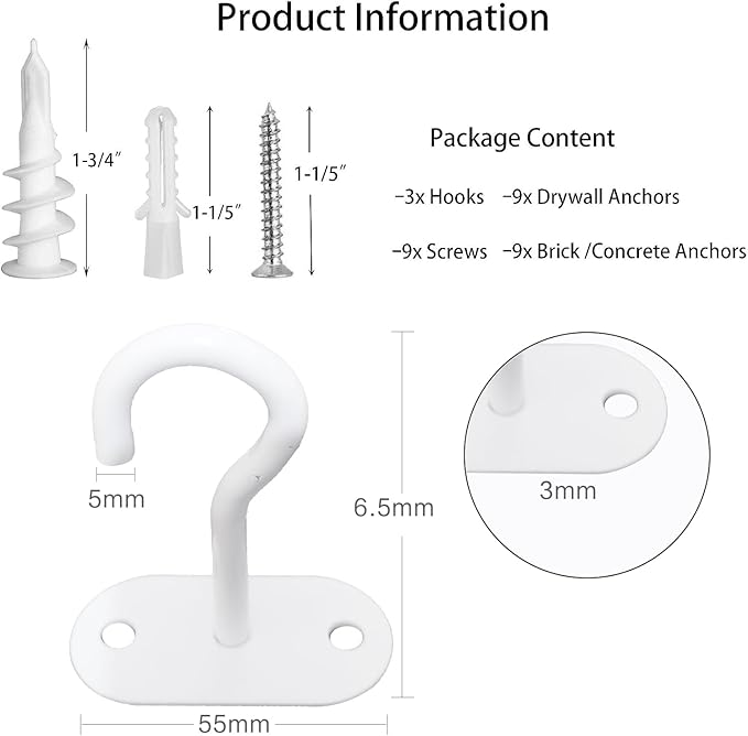 Ceiling Hooks for Hanging Plants-Metal Heavy Duty Wall Mounted Hangers for Hanging Bird Feeders, Planters, Wind Chimes, Include Professional Drywall Anchors (Pure White) 3 Pack-VerdiqueGarden