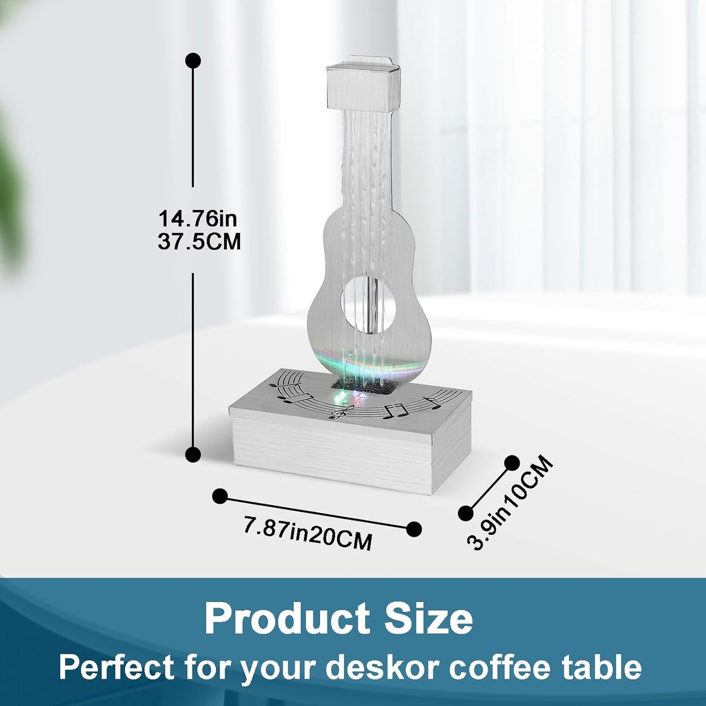 Indoor Tabletop Fountain with 3-Color LED Lights, 304 Stainless Steel Guitar-Shaped Desktop Meditation Waterfall for Home & Office Décor, Relaxing Water Feature Air-Purifying Gift-VerdiqueGarden