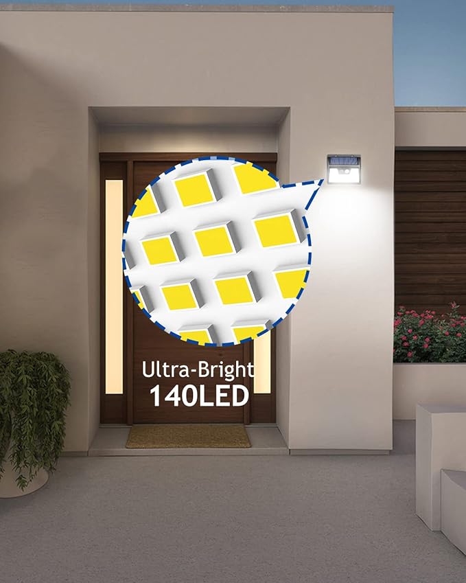 Peasur Solar Powered Lights Outdoor, 140 LED 8Pack Motion Sensor Light Outside, IP65 Waterproof Fence Security Lighting with 3 Modes for Yard Wall Garden Cool White-VerdiqueGarden