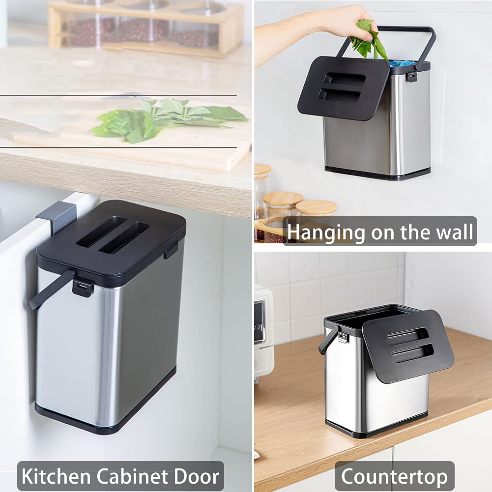 SIDIANBAN Hanging Trash Can with Lid for Kitchen Cabinet Door, 0.8 Gal/3L Stainless Steel Garbage Can Kitchen Compost Bin for Countertop or Under Sink-VerdiqueGarden