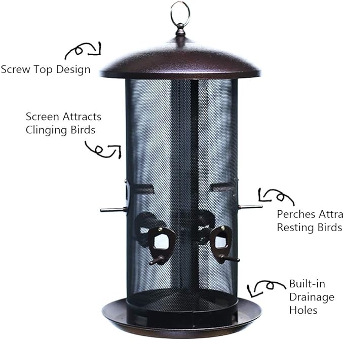 Nature's Rhythm Metal Hopper Bird Feeder, Dual Seed Compartments, 10 Feeding Ports, Holds 10lbs Seed, Attracts Cardinals, Titmice, Nuthatches-VerdiqueGarden