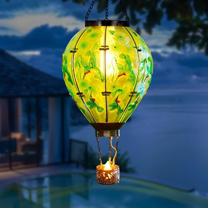 Starsoul Extra Large Solar Hot Air Balloon Lantern with Flame Hummingbird Glass Outdoor Hanging Hot Air Balloon Solar Light Waterproof Garden Patio Yard Party Decorations-VerdiqueGarden