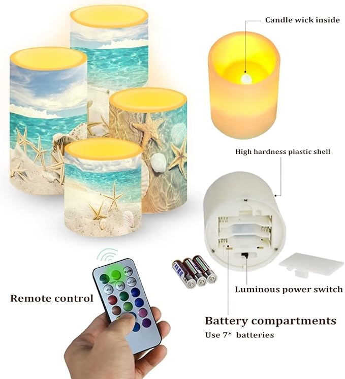 Black Flameless LED Battery Candles 4PCS Pillar Candles with 18-Key Timer Remote Colorful Light for Christmas Party Celebration Decor, Seawater Starfish-VerdiqueGarden