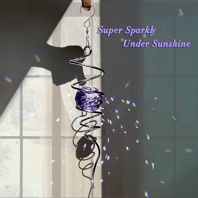 Fonmy Gazing Ball Spiral Tail -Decorative Wind Spinner Sun Catcher Rainbow Maker 11 inch Tail and 2 inch Purple Crystal Orb. Indoor Outdoor Garden Decoration -13 inch Height-VerdiqueGarden