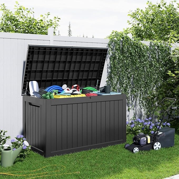 230 Gallon Resin Deck Box, Lockable Patio Outdoor Storage Box for Furniture, Garden Tools and Tools Storage, Waterproof Outside Storage Boxes - Black-VerdiqueGarden